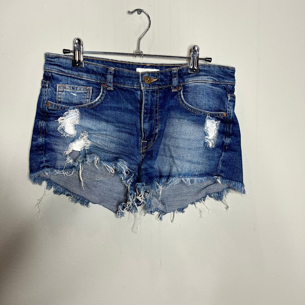 H&M Medium Wash Mid-Rise Zip Fly Distressed Denim Shorts Women's Size 6